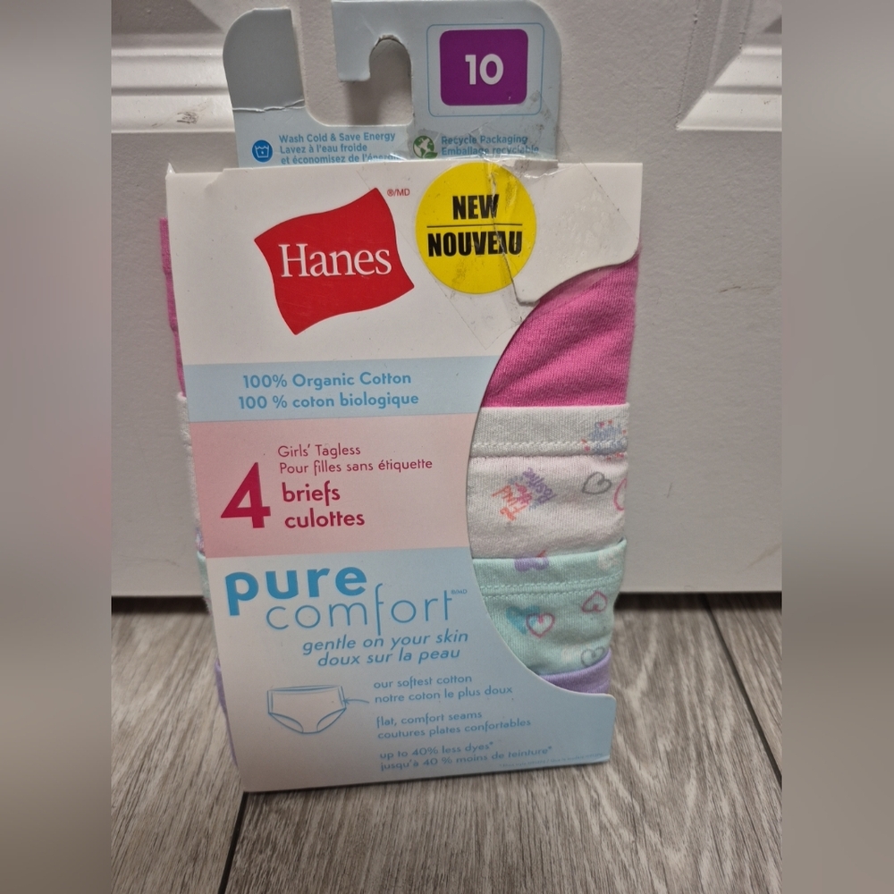 4 Pairs Of Hanes 100% Organic Cotton Pure Comfort Girls Briefs Underwear. Siz 10